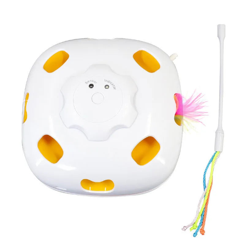 Plastic cat toy with self-hi relief design and teaser mechanism in pictured colour, dimensions 19.8x11.5x19.5cm