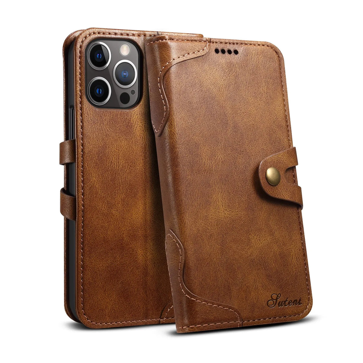 PU flip wallet phone case for iPhone 12 and 13 models in black, brown, red or blue