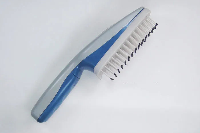 White electronic pet comb with negative ion and active oxygen technology, removable brush head, and 78 teeth.