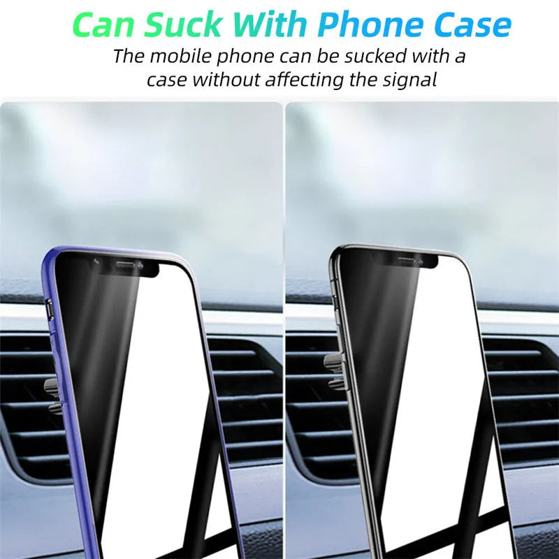Black magnetic car phone holder clipped to car air vent with smartphone attached and fragrance pads