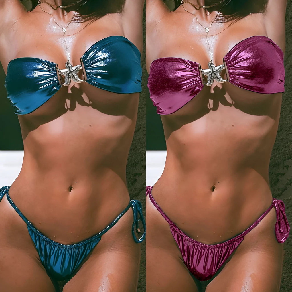 Women's glossy tube top bikini with gold starfish pattern in sapphire blue and pink quick dry swimwear