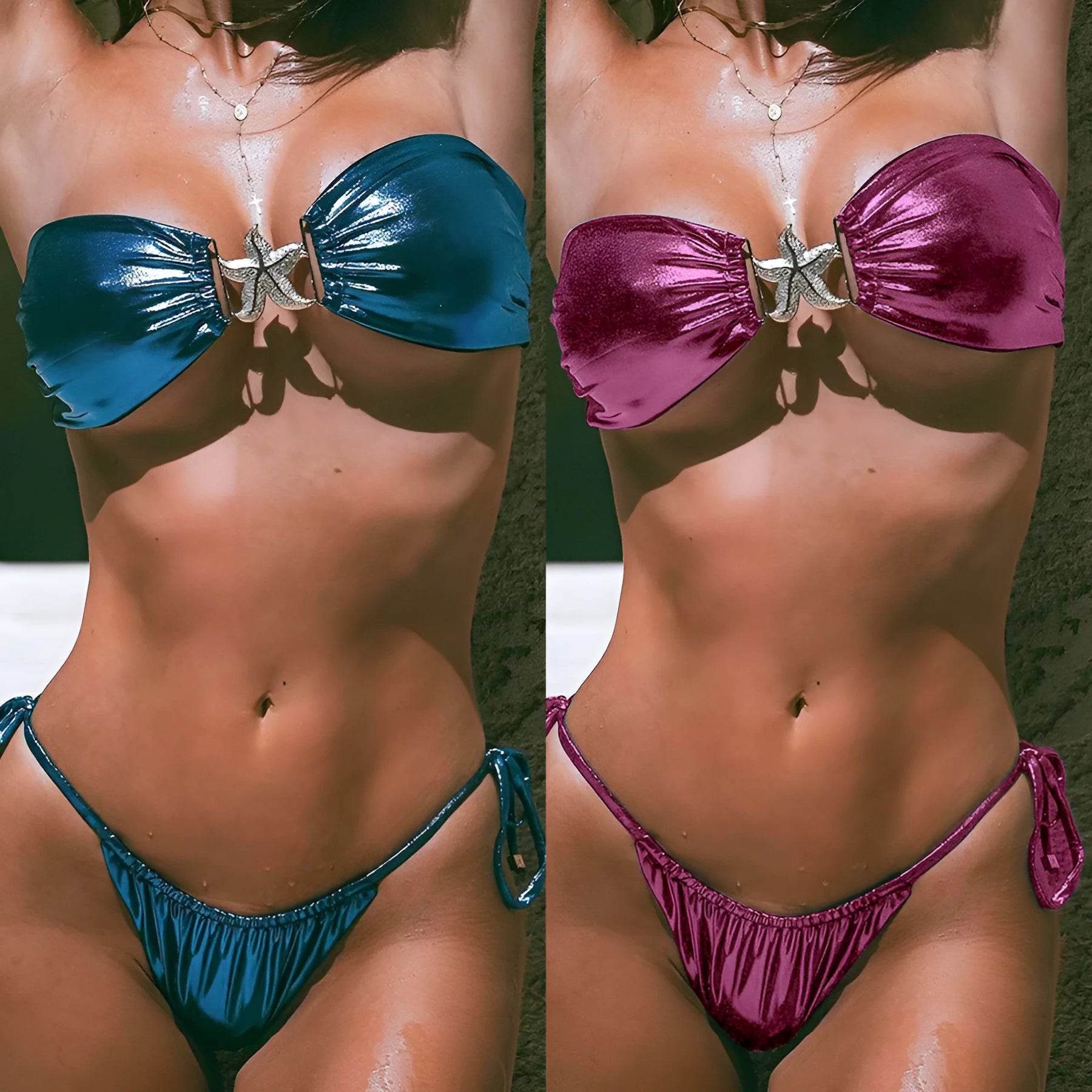Women's glossy tube top bikini with gold starfish pattern in sapphire blue and pink quick dry swimwear