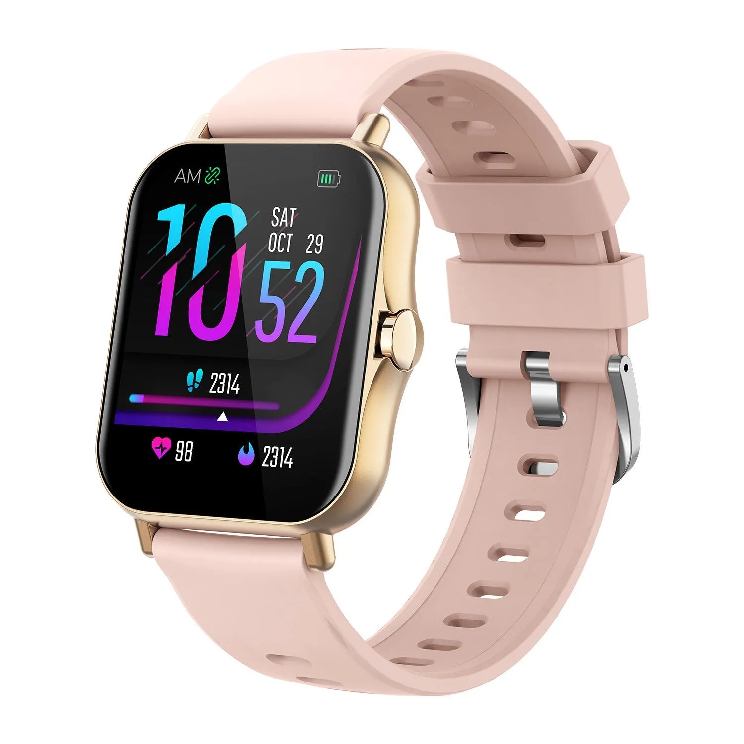 W10 smart watch in silver colour showing heart rate display on 1.75-inch curved touch screen