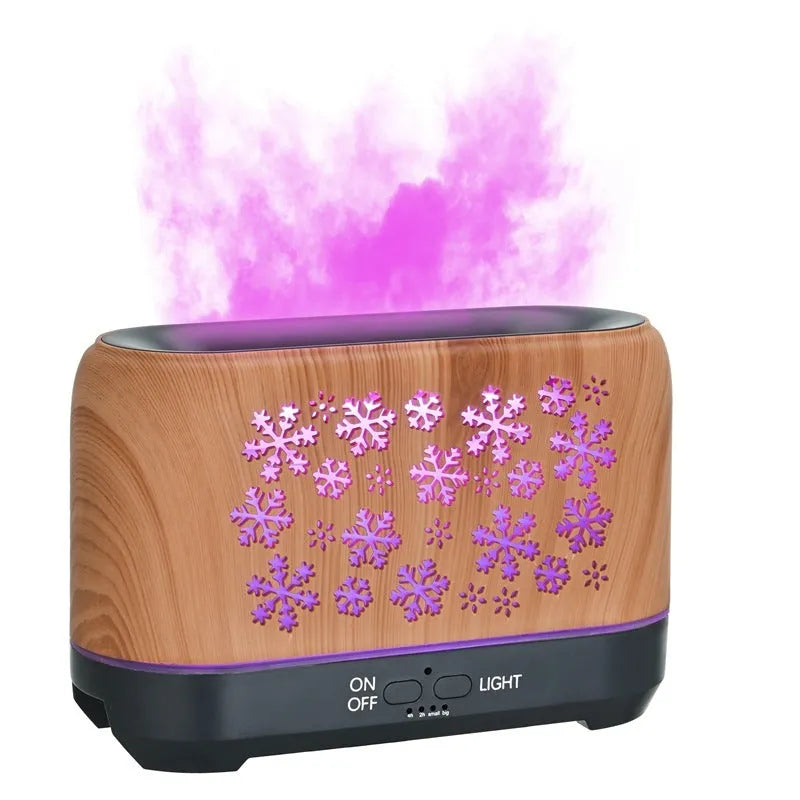 Square desktop humidifier with snowflake wood grain pattern and colourful flame effect illumination