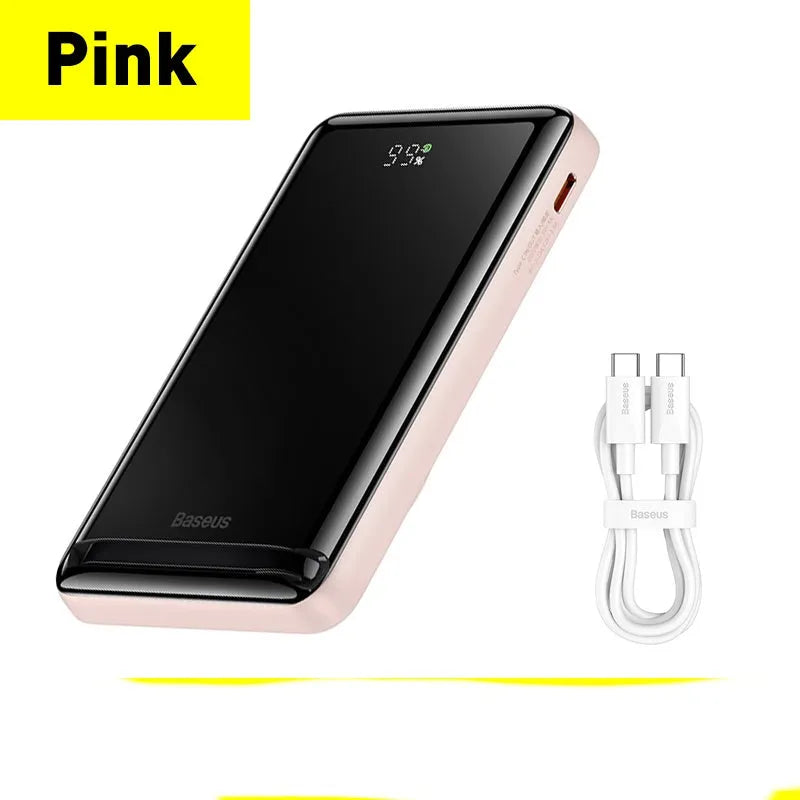 Slim blue 3-in-1 magnetic wireless power bank showing dimensions 117x70x20mm