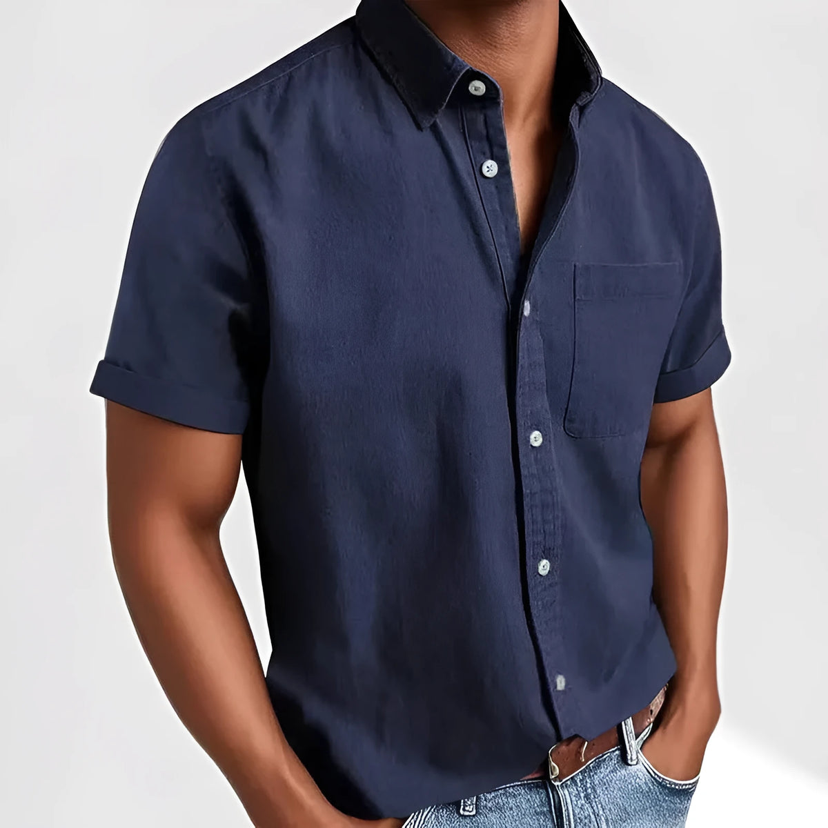 Men's loose fit short sleeve cardigan shirt in cotton blend fabric showing single-breasted design