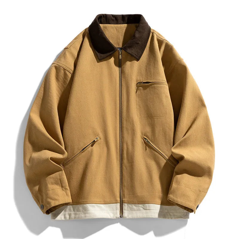 Men's Korean-style retro workwear jacket with contrast lapels in polyester