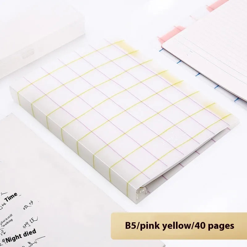 Refillable A5 and B5 spiral notebook with PP cover, shown in pastel cookie blue and plaid impression designs with loose-leaf paper.