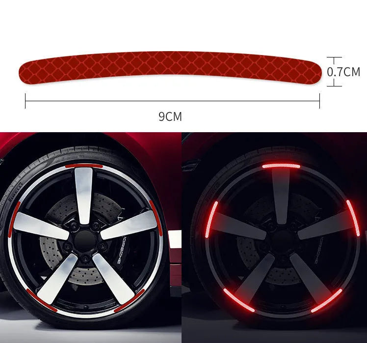 20-piece car wheel hub reflective stickers in multiple colours with arc pattern for tyre warning labels