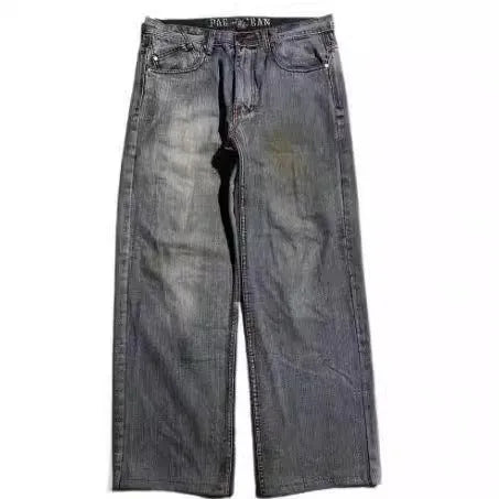 Men's grey wide-leg jeans with washed-out retro styling and straight-leg workwear design