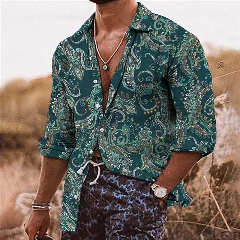 Men's loose-fit long sleeve shirt with a colourful bohemian style 3D floral pattern print.