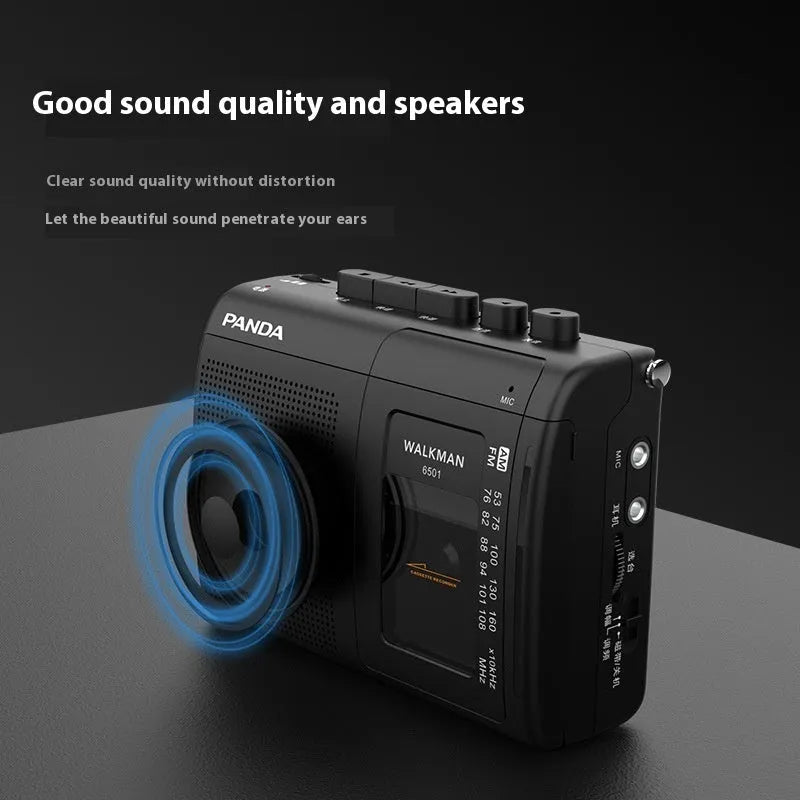 Black 6501 tape Walkman cassette player recorder with FM radio, 124 x 92 x 40mm, with headphones and power cord
