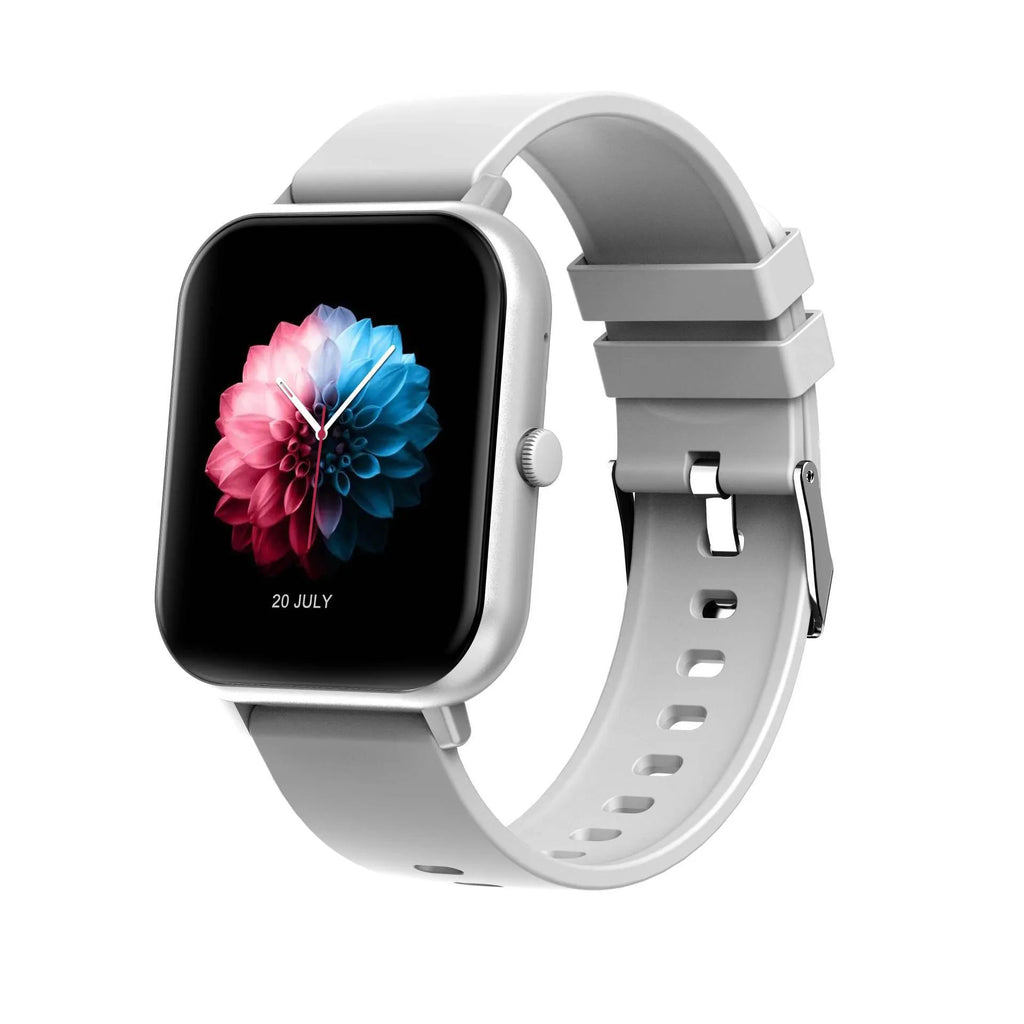 Black smart watch with AI voice control, heart rate monitor, and touch screen on a wrist.