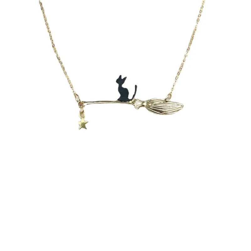 Halloween black cat pendant necklace in alloy with gold or silver finish options