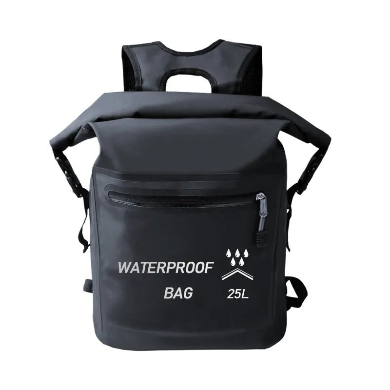 Black 25 litre waterproof backpack for outdoor swimming and water activities