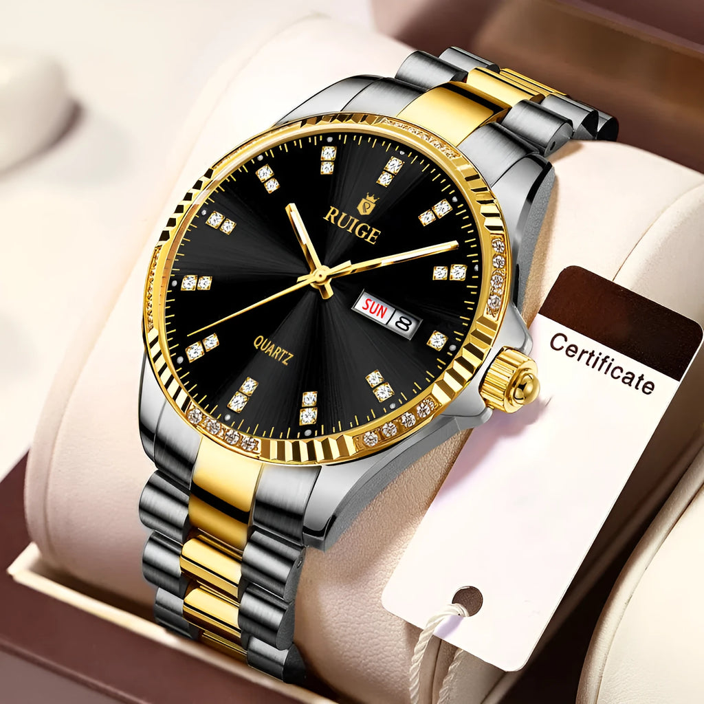 Men's quartz watch with 11mm thickness, steel belt or strap, in black, white or full gold