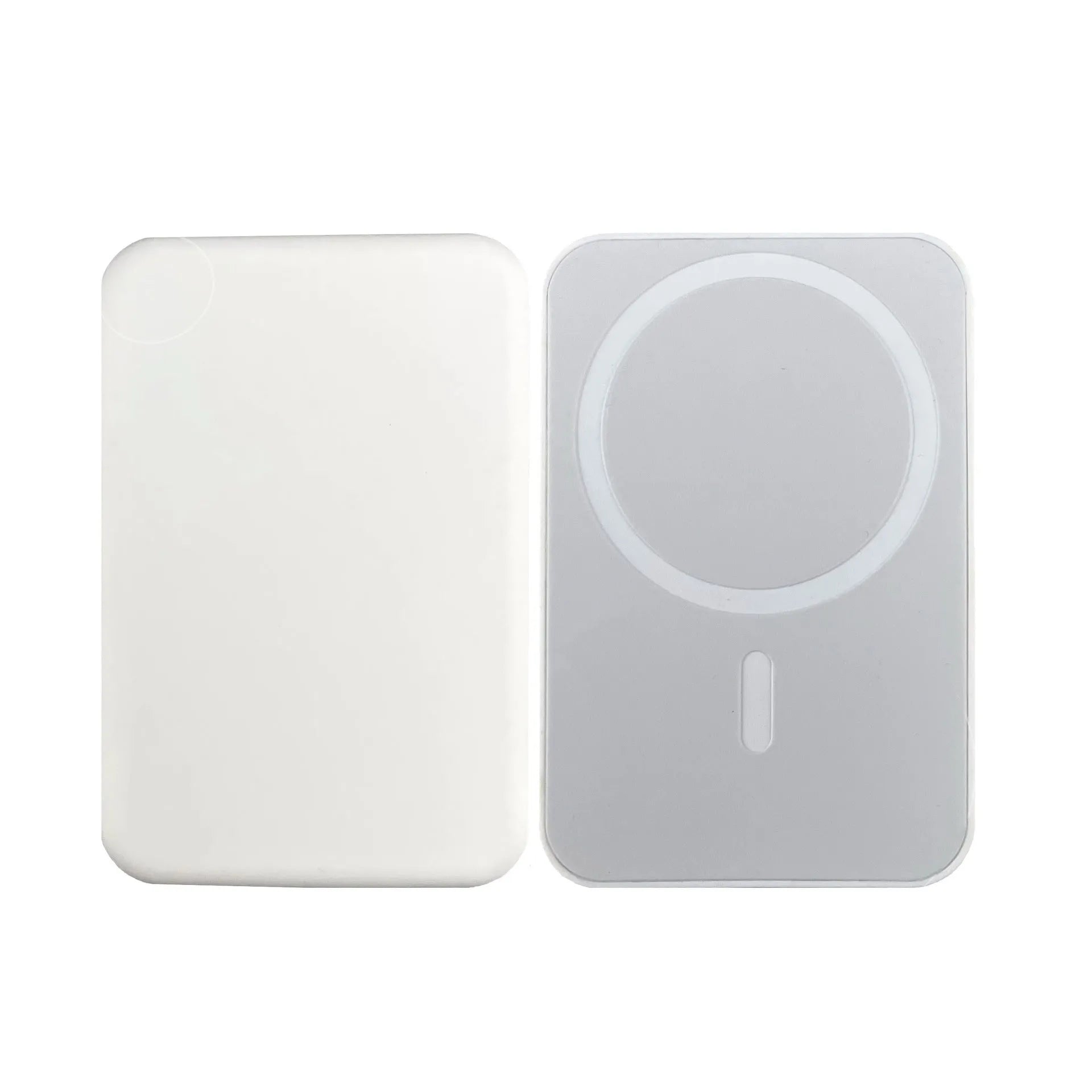 Magnetic wireless charger power bank in white colour showing 5000mAh capacity and compact dimensions