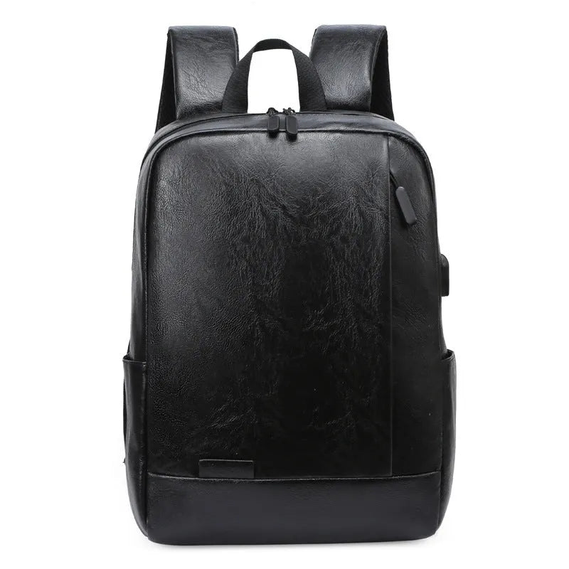 Black men's casual backpack with PU outer and polyester lining, waterproof, under 20L capacity