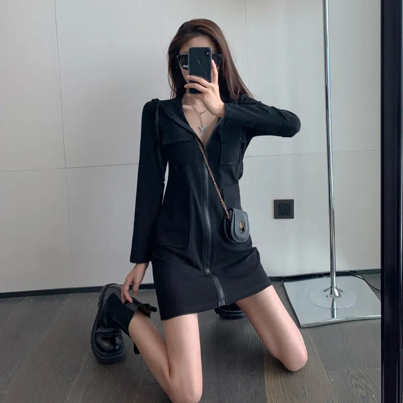 Women's mid-length hooded zip-up sweatshirt dress in 100% polyester, grey black or white, sizes S to 2XL