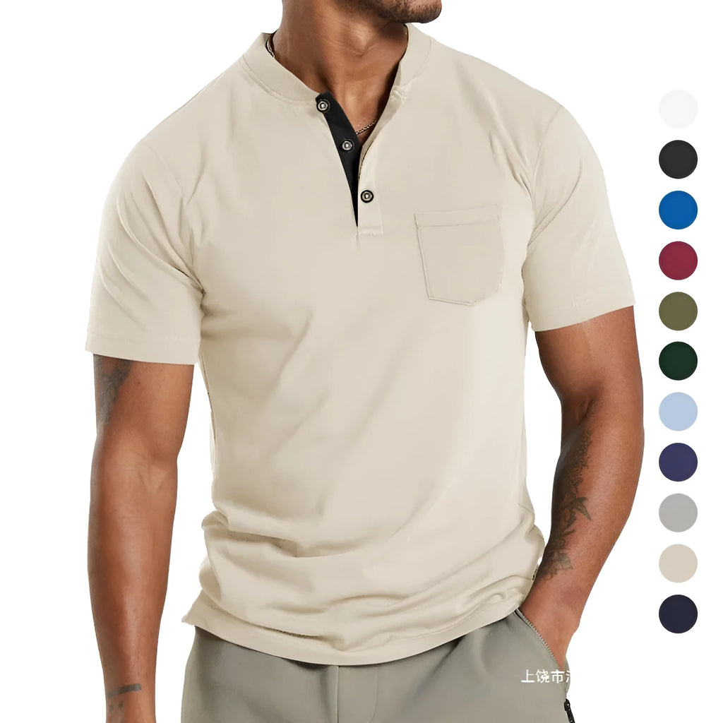Men's plus size short sleeve solid colour shirt with a button chest pocket on a hanger.