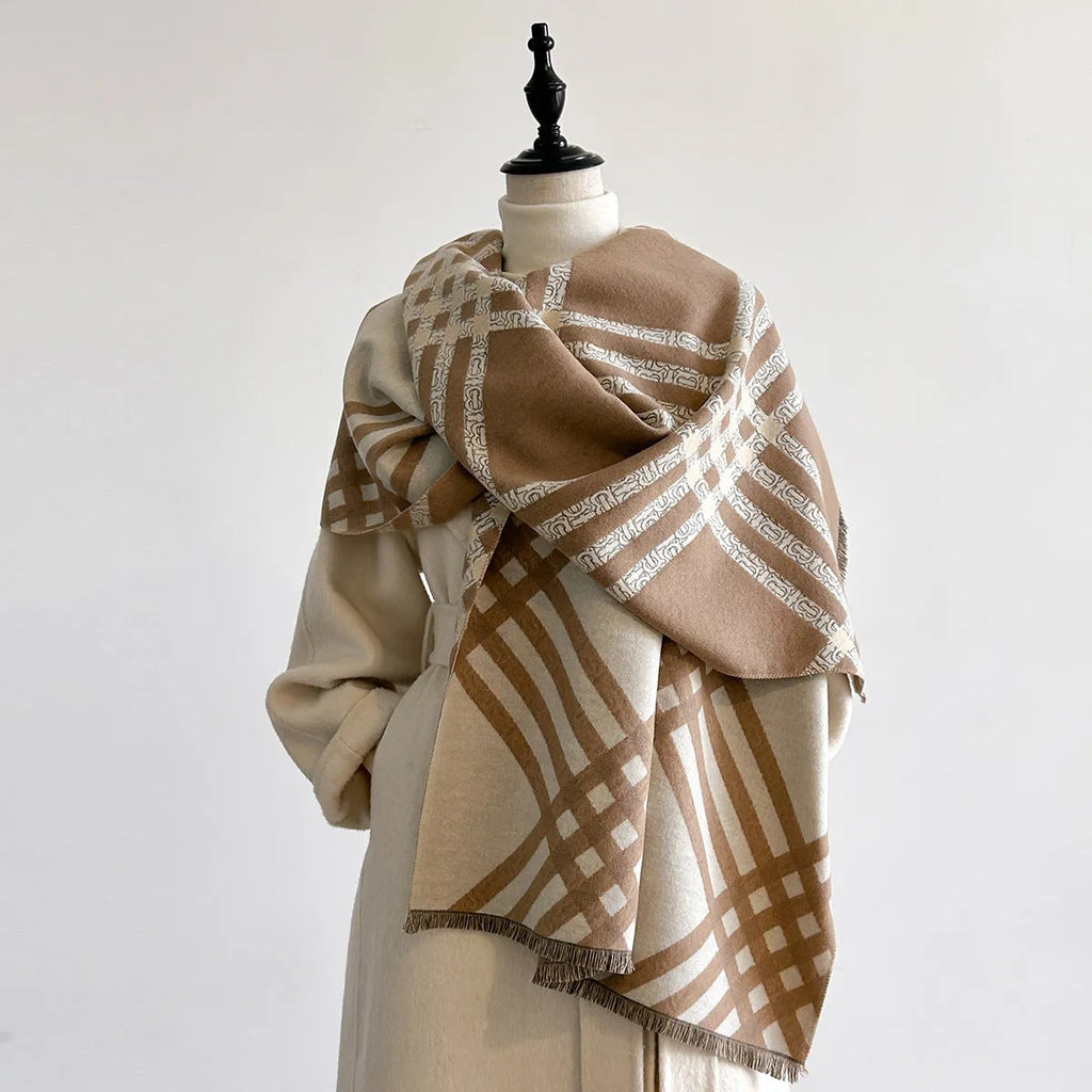Cashmere-like scarf with tassel ends in brown colour, shown draped to display 185 cm length