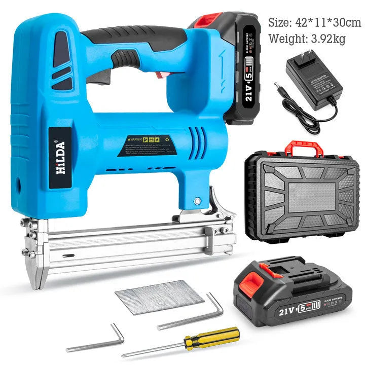 Blue wireless lithium battery pneumatic straight nail gun for decoration and carpentry with two batteries and one charger