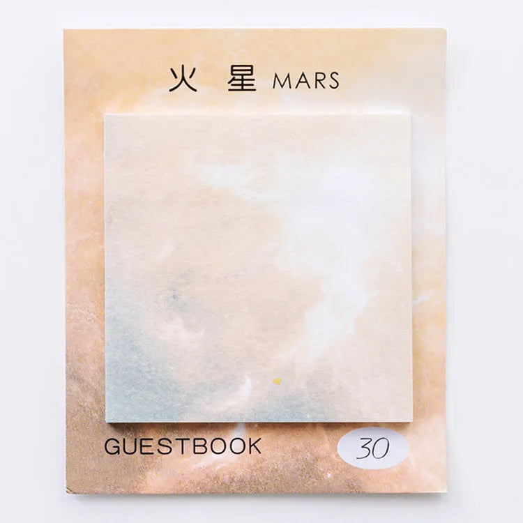 Square planet oil painting sticky notes notepad with Earth, Mars, and moon designs measuring 7.3cm