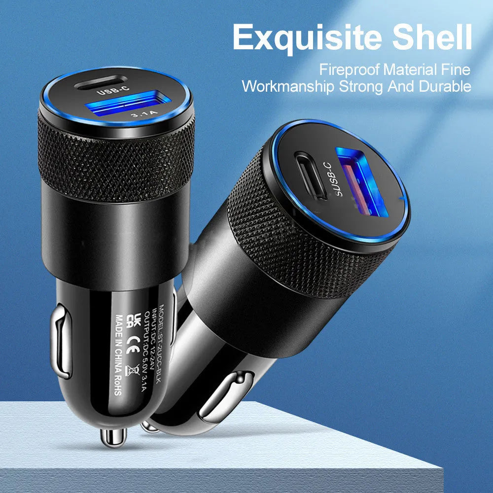 Aluminium alloy car phone charger with compact 2.5 by 6 cm dimensions
