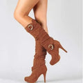 Women's high tube knight boots with belt buckle and side zip in black, grey, or yellow