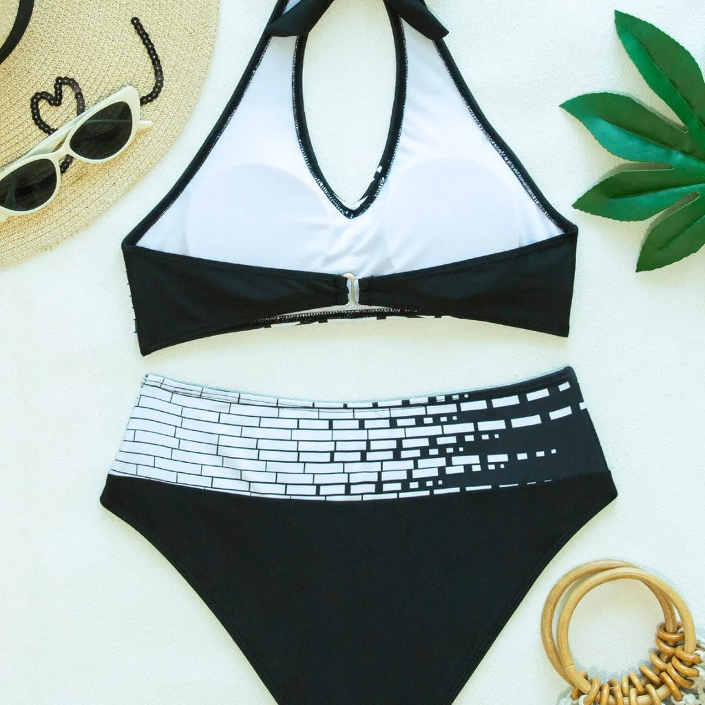Women's two-piece bikini swimsuit with halter neck, high chest and contrast colour layered top, sizes S-XXL