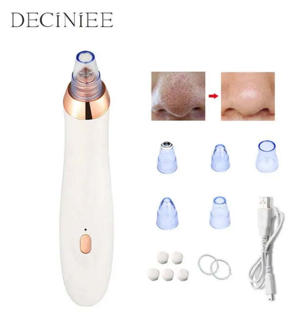 Handheld electric blackhead remover device in black with multiple nozzle attachments.
