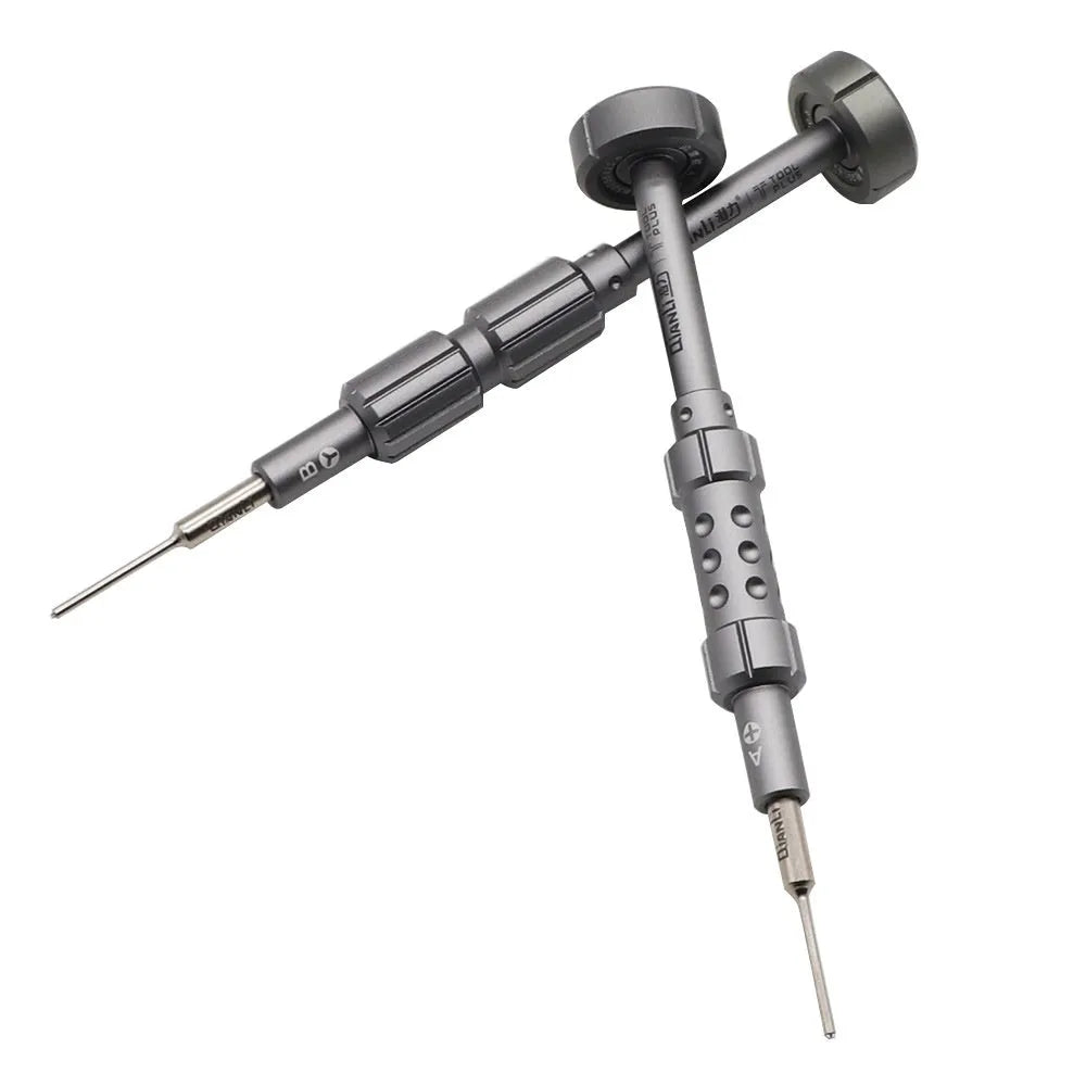 iPhone precision screwdriver with grenade-shaped aluminium handle showing five different head types