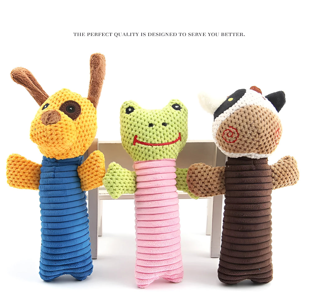 Plush sound toy range with yellow puppy 13x19cm, coffee calf 13x19cm, and green frog 11x18.5cm