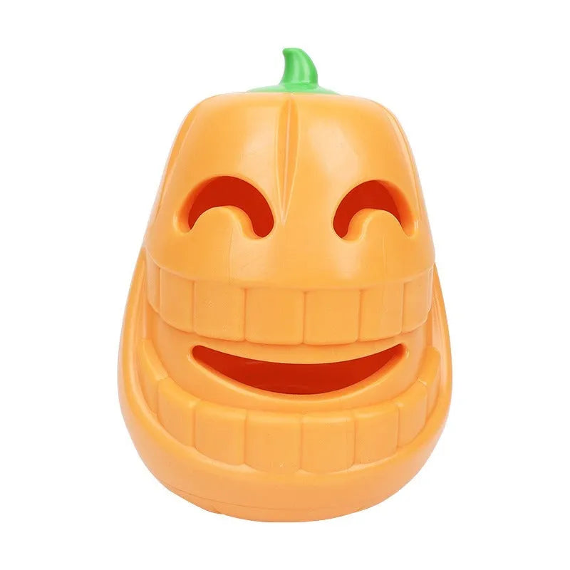 Orange Halloween pumpkin shaped dog chew toy with treat dispensing funnel