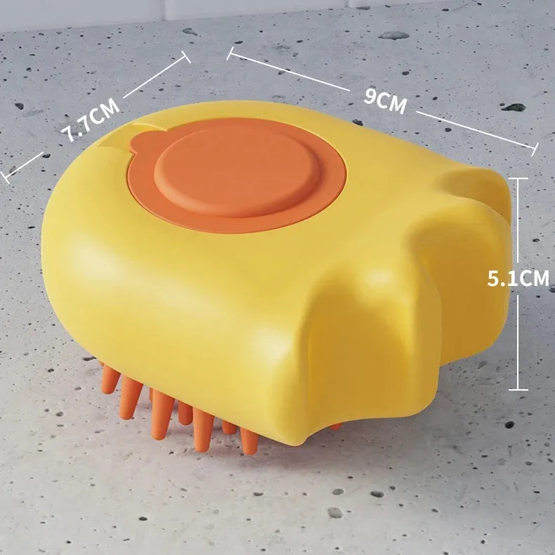Pet bath brush with integrated shampoo box measuring 9x8x5.3cm