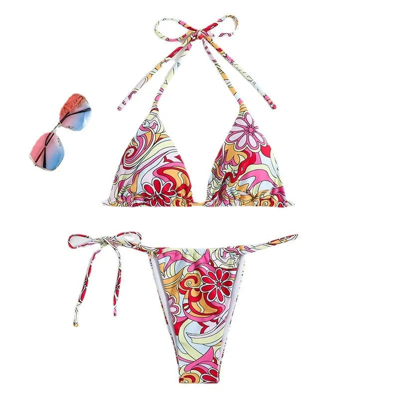 Multicolour geometric print triangle bikini set for women with adjustable neck strap.