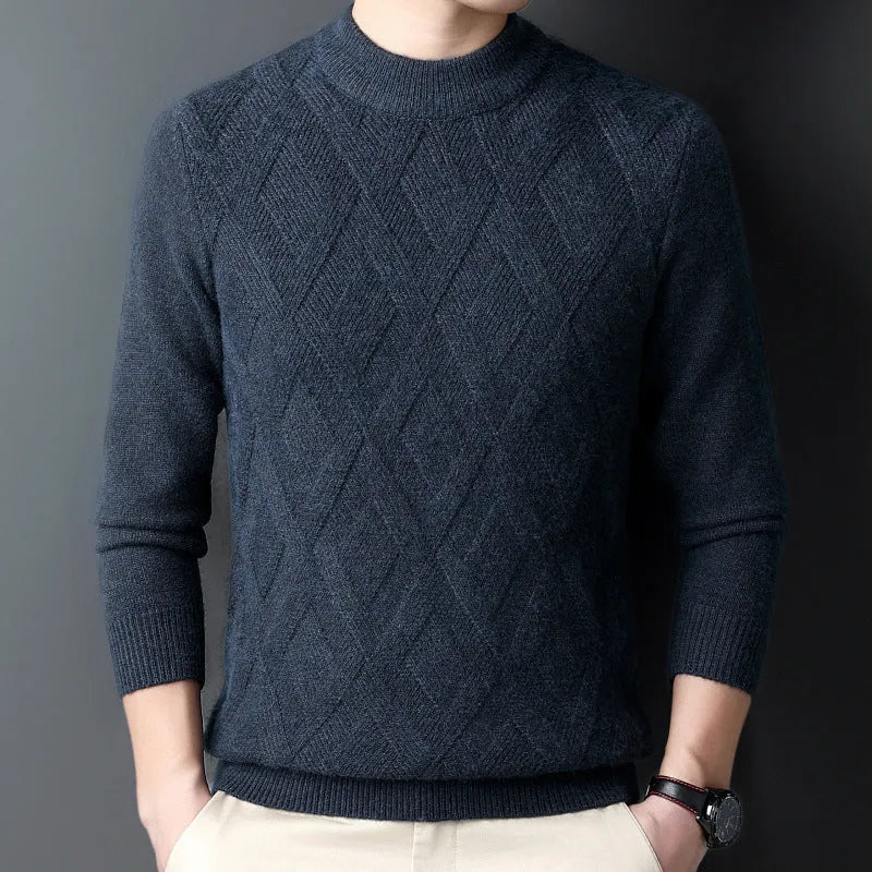Men's thick wool winter sweater in diamond jacquard pattern with pullover design