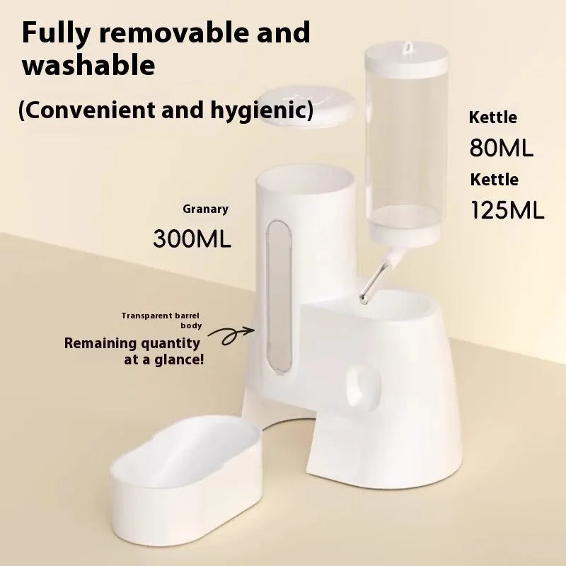 White hamster automatic drinking water feeder with integrated food basin for cage placement