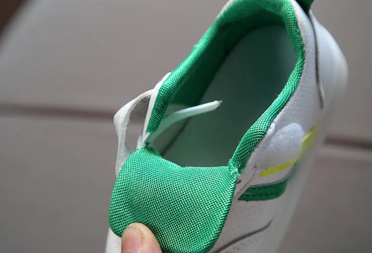 Kimmy White LED Sneakers in red, green, or black with Velcro strap and rubber sole, sizes 21-30