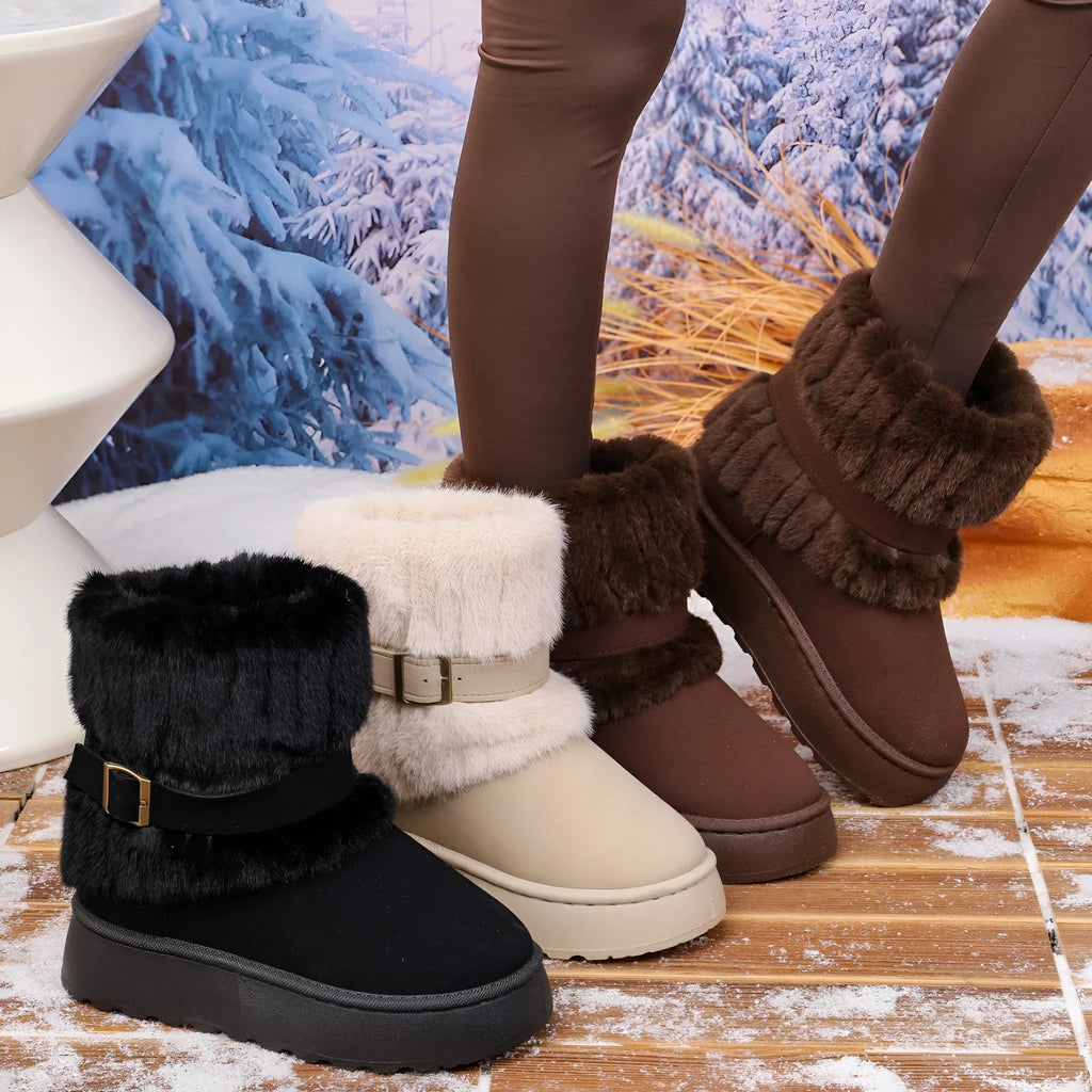 Women's plus size snow boots in black, beige, or brown with fleece lining and non-slip rubber sole, sizes 36-43.