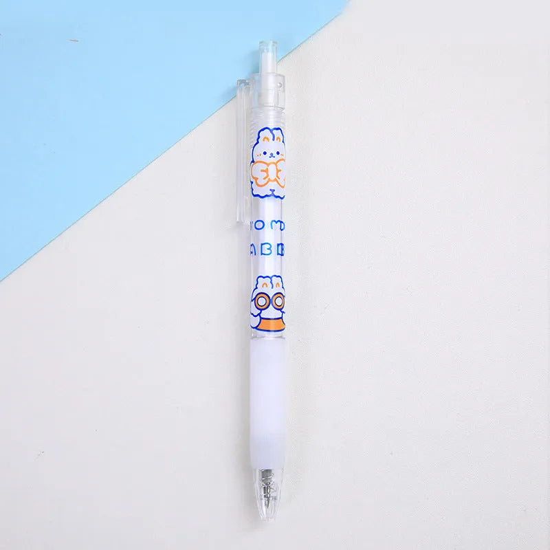 Set of six colourful bear and bunny character press pen knives on a white background.