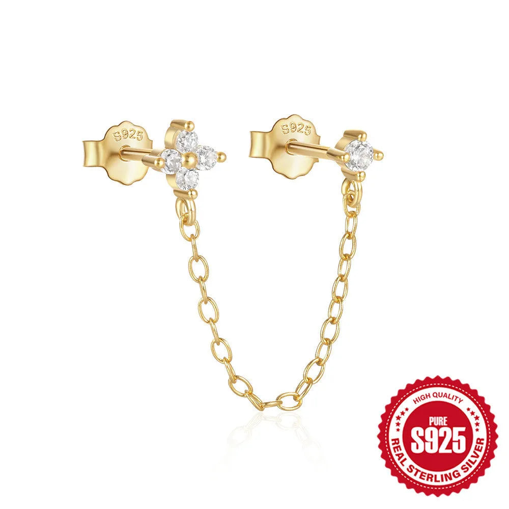 S925 sterling silver ear stud with flower, chain, and tassel detail in a golden electroplated finish.