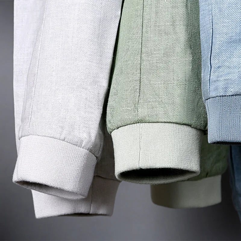 Men's thin blue cotton linen jacket for plus size leisure wear, showing regular fit.