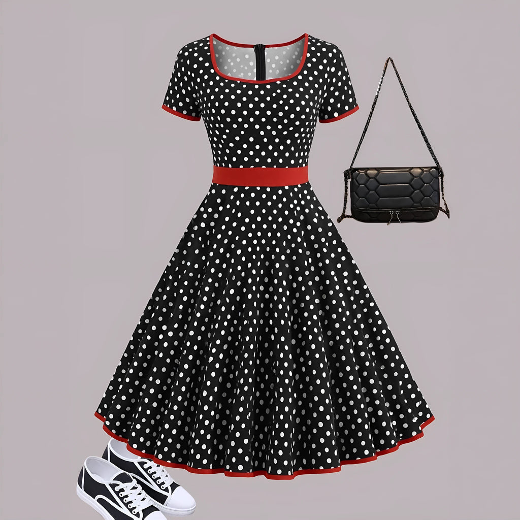 Women's polka dot pleated dress with square collar and front zipper in multicolour pattern