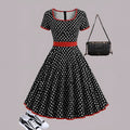 Women's polka dot pleated dress with square collar and front zipper in multicolour pattern