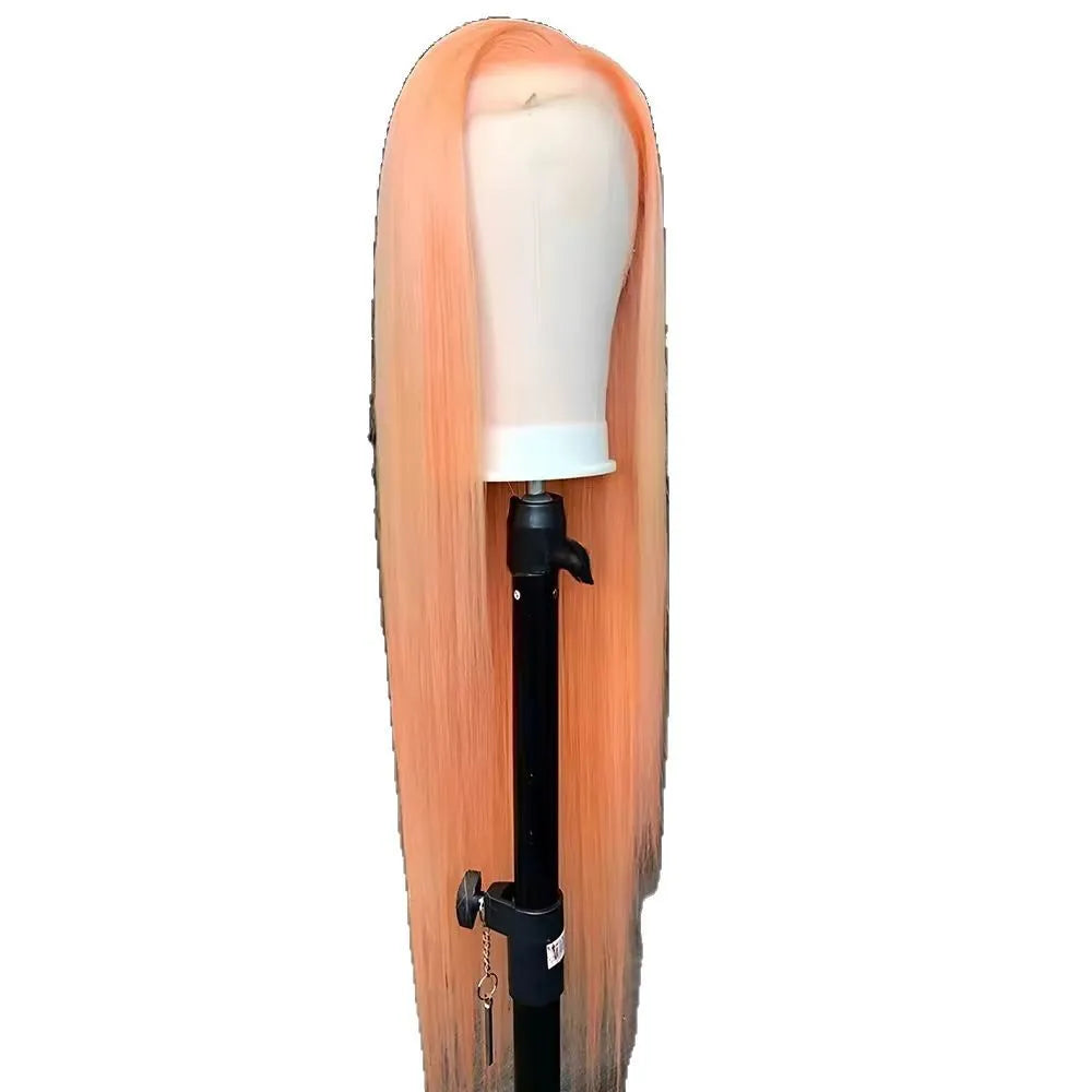 Light orange long straight synthetic wig with front lace and side bangs on a display head