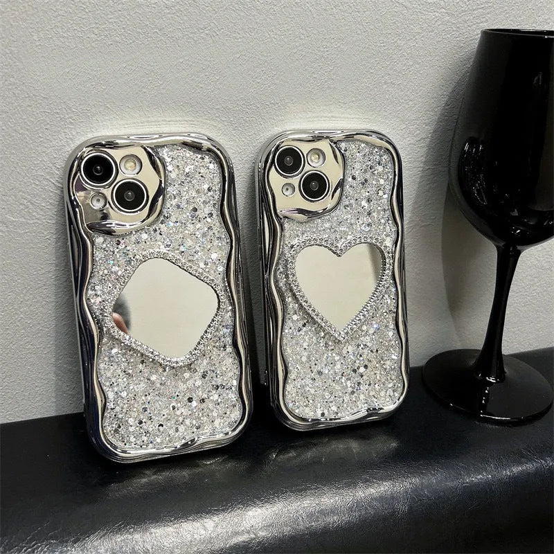 Silver grey TPU phone case with heart-shaped mirror insert and cream high flash epoxy shell for iPhone