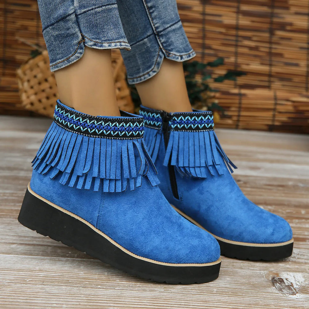 Women's wedge ankle boots with suede upper, side zip, and waterproof platform sole in dark brown