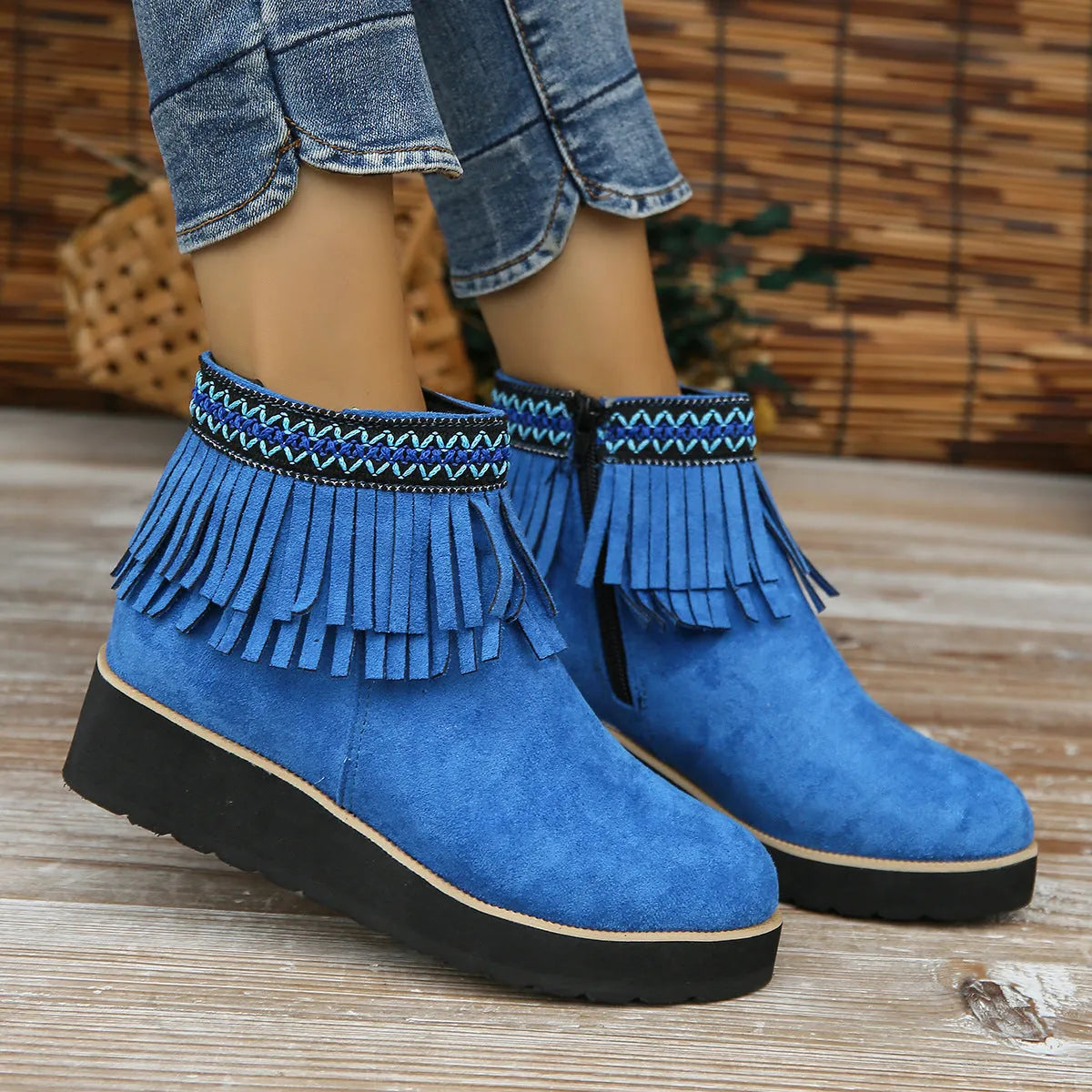 Women's wedge ankle boots with suede upper, side zip, and waterproof platform sole in dark brown