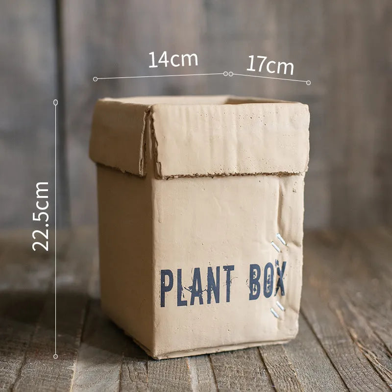 Cement brown paper box flowerpot with drainage holes for indoor balcony planting in Nordic style